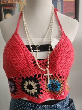 Handmade Crocheted Halter Crop Top - Coral with Multicolor Granny Squares